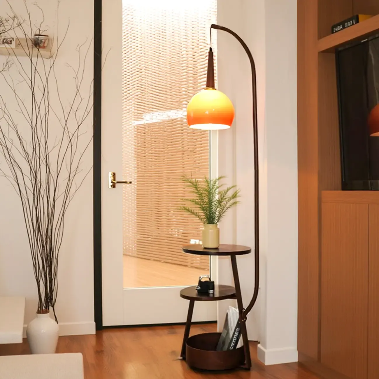 Elegant Orange Arc Floor Lamp with Shelves for Living Room Image - 2