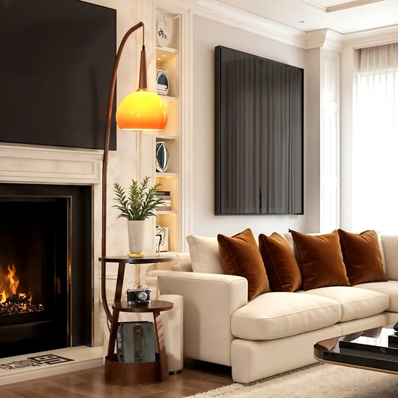 Orange Arc Standing Dome Floor Lamp with Side Table Dimmable | HomeyFad