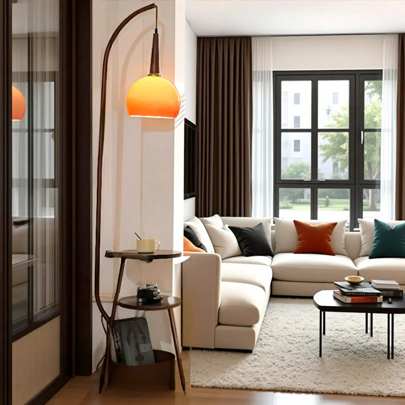 Elegant Orange Arc Floor Lamp with Shelves for Living Room Image - 8 | homeyfad
