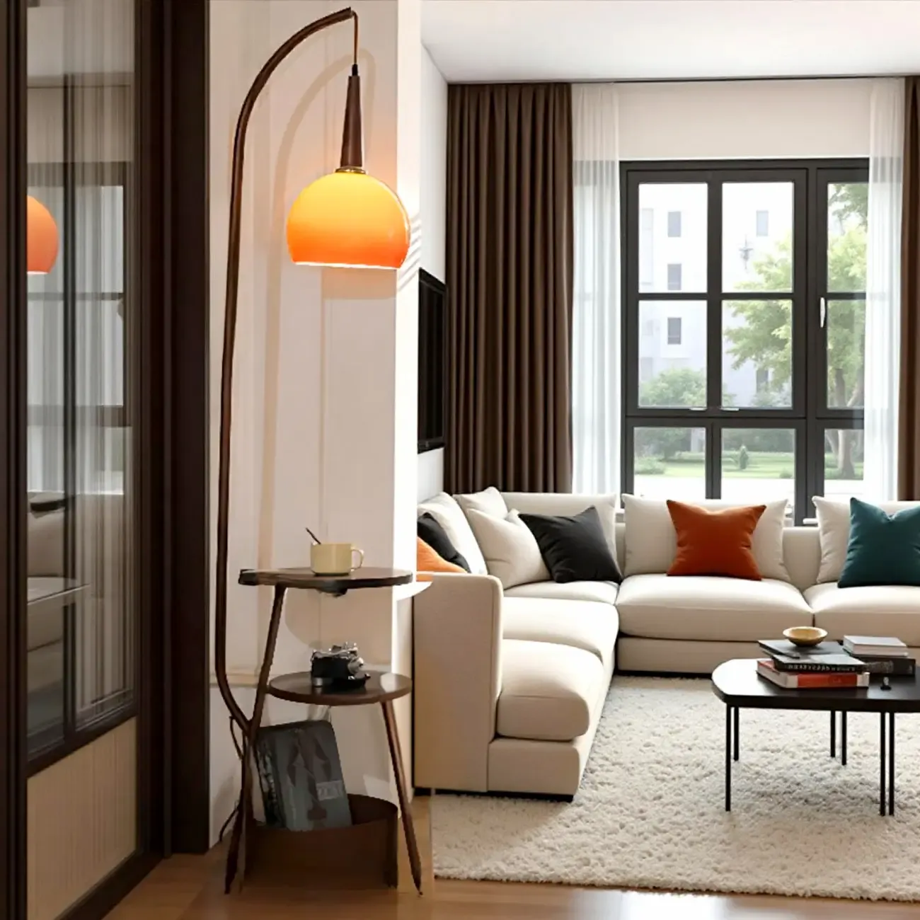 Elegant Orange Arc Floor Lamp with Shelves for Living Room Image - 8