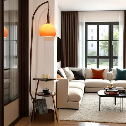 Elegant Orange Arc Floor Lamp with Shelves for Living Room Image - 8
