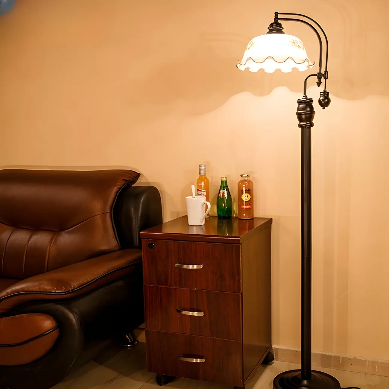 Vintage Rustic Black Metal Standing Floor Lamp with Glass Floral Shade | homeyfad