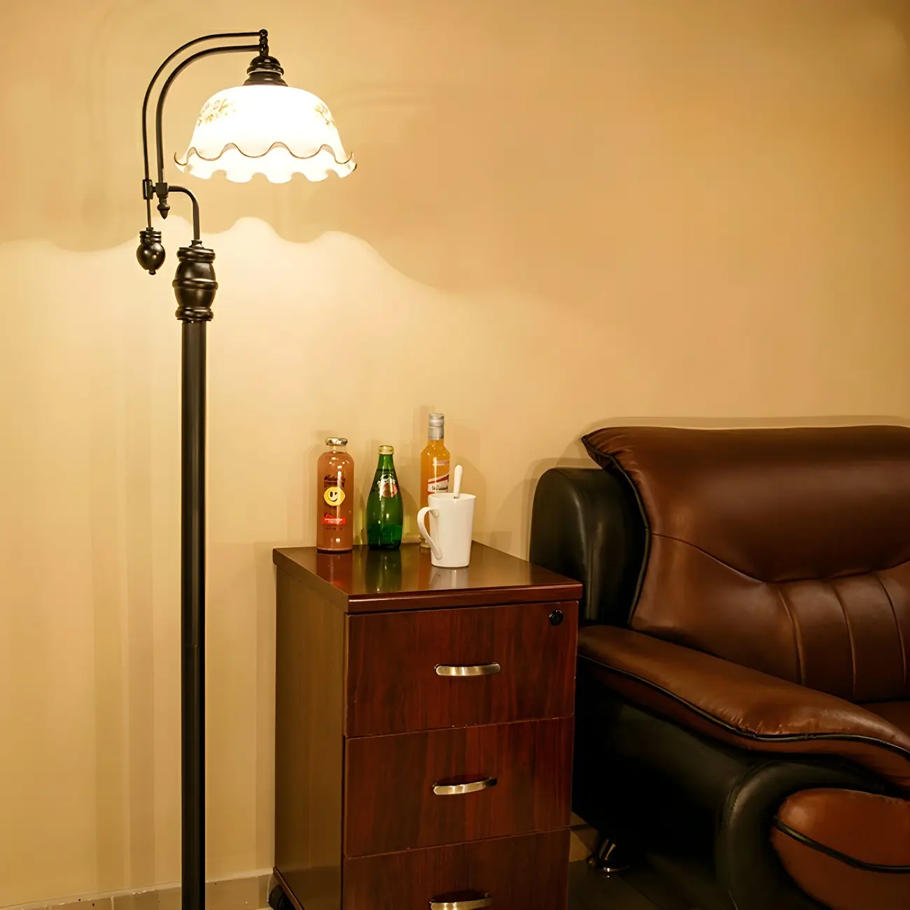 Vintage Rustic Black Metal Standing Floor Lamp with Glass Floral Shade | homeyfad