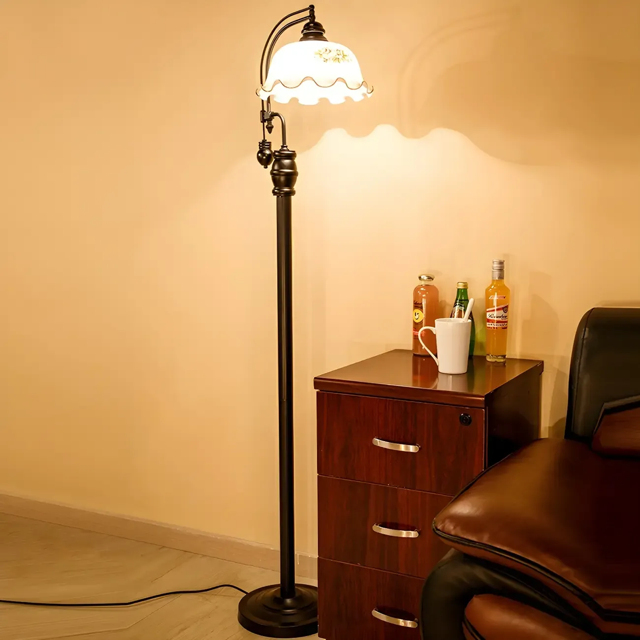 Vintage Rustic Black Metal Standing Floor Lamp with Glass Floral Shade