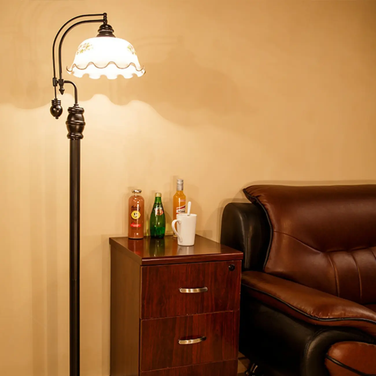 Vintage Rustic Black Metal Standing Floor Lamp with Glass Floral Shade | homeyfad