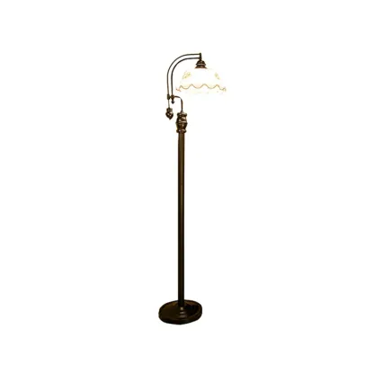 Vintage Rustic Black Metal Standing Floor Lamp with Glass Floral Shade