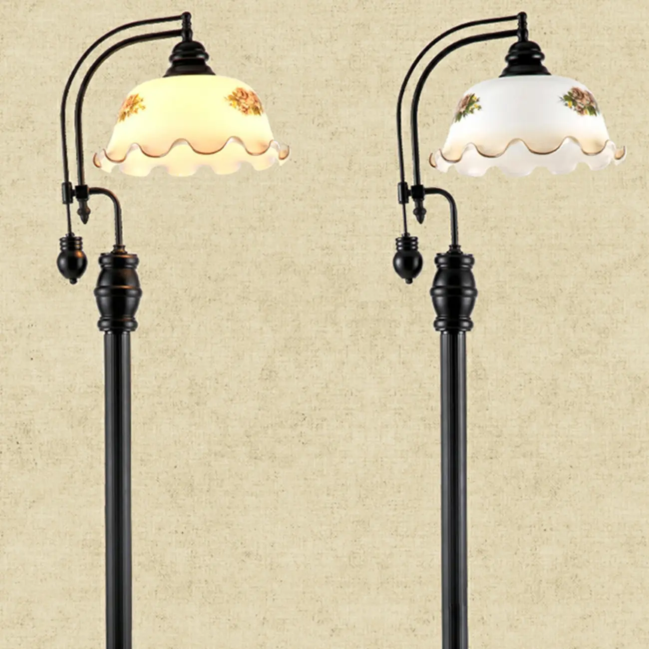 Vintage Rustic Black Metal Standing Floor Lamp with Glass Floral Shade | homeyfad