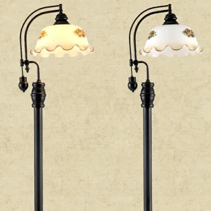 Vintage Rustic Black Metal Standing Floor Lamp with Glass Floral Shade