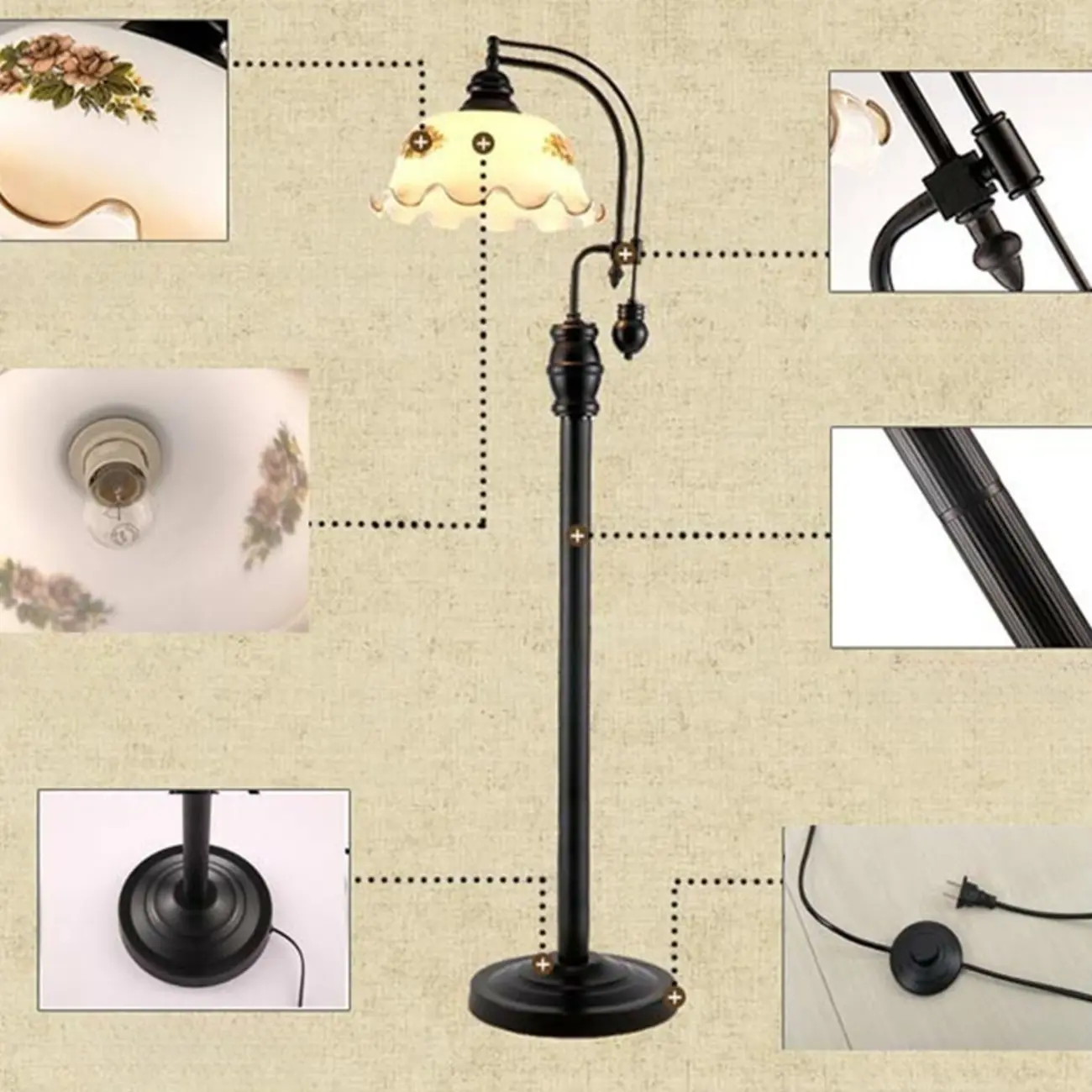Vintage Rustic Black Metal Standing Floor Lamp with Glass Floral Shade | homeyfad