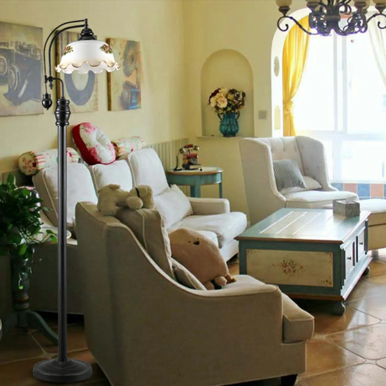 Vintage Rustic Black Metal Standing Floor Lamp with Glass Floral Shade | homeyfad