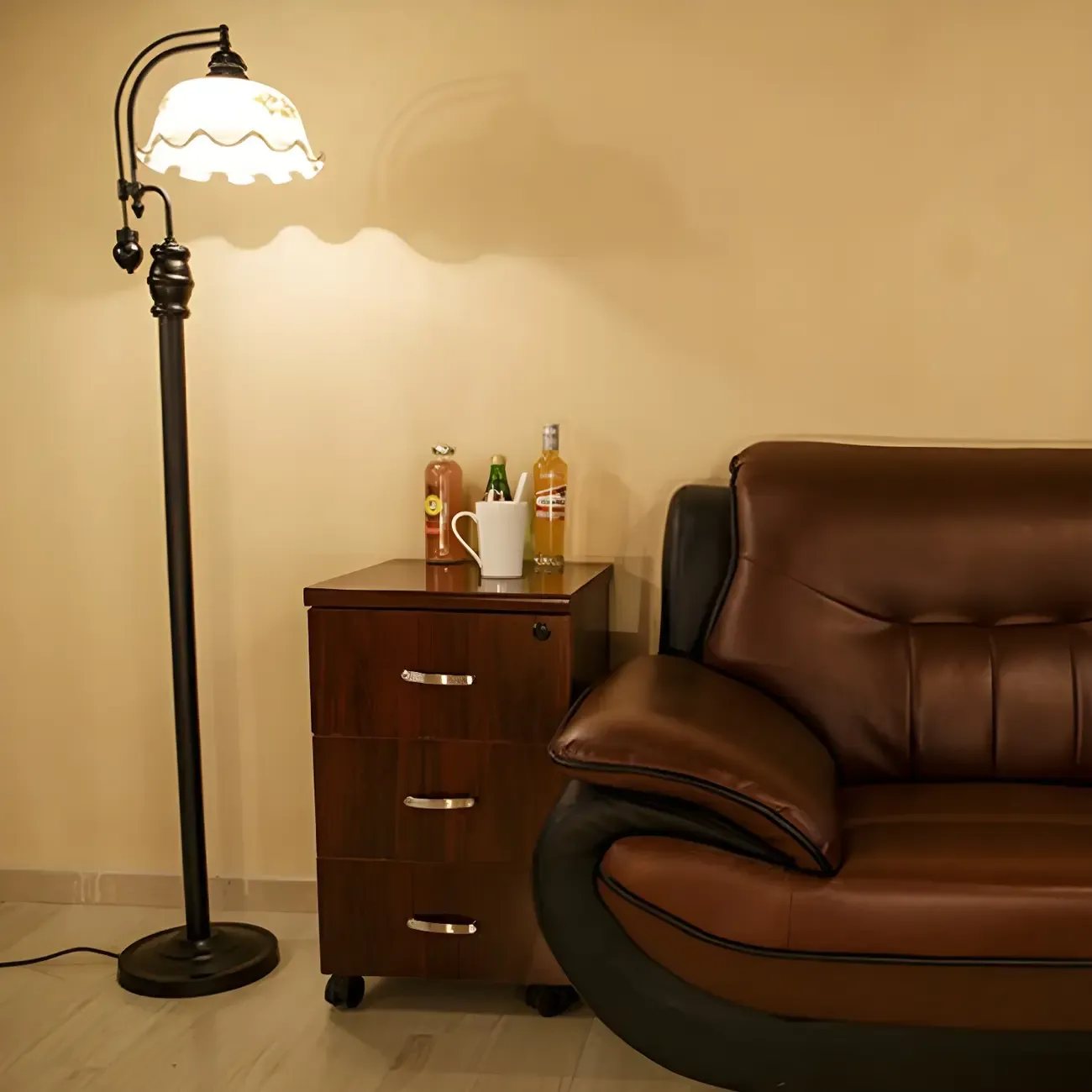 Vintage Rustic Black Metal Standing Floor Lamp with Glass Floral Shade