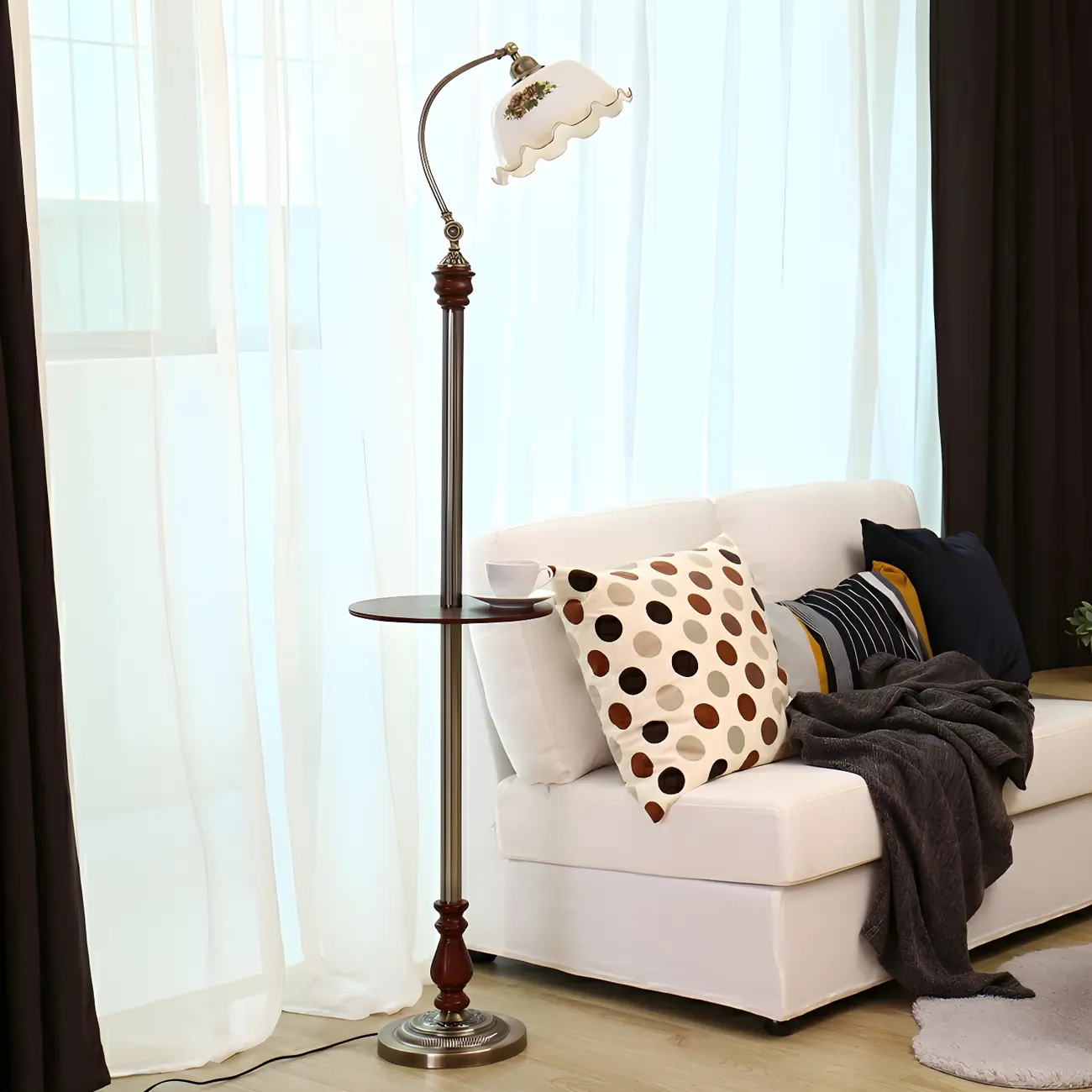 Vintage Rustic Black Metal Standing Floor Lamp with Glass Floral Shade | homeyfad