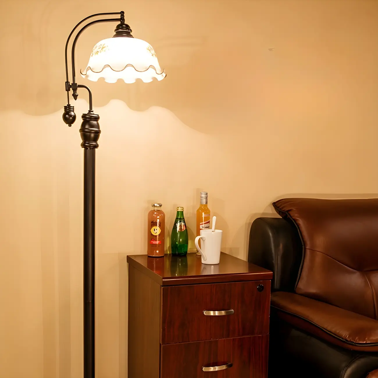 Vintage Rustic Black Metal Standing Floor Lamp with Glass Floral Shade | homeyfad