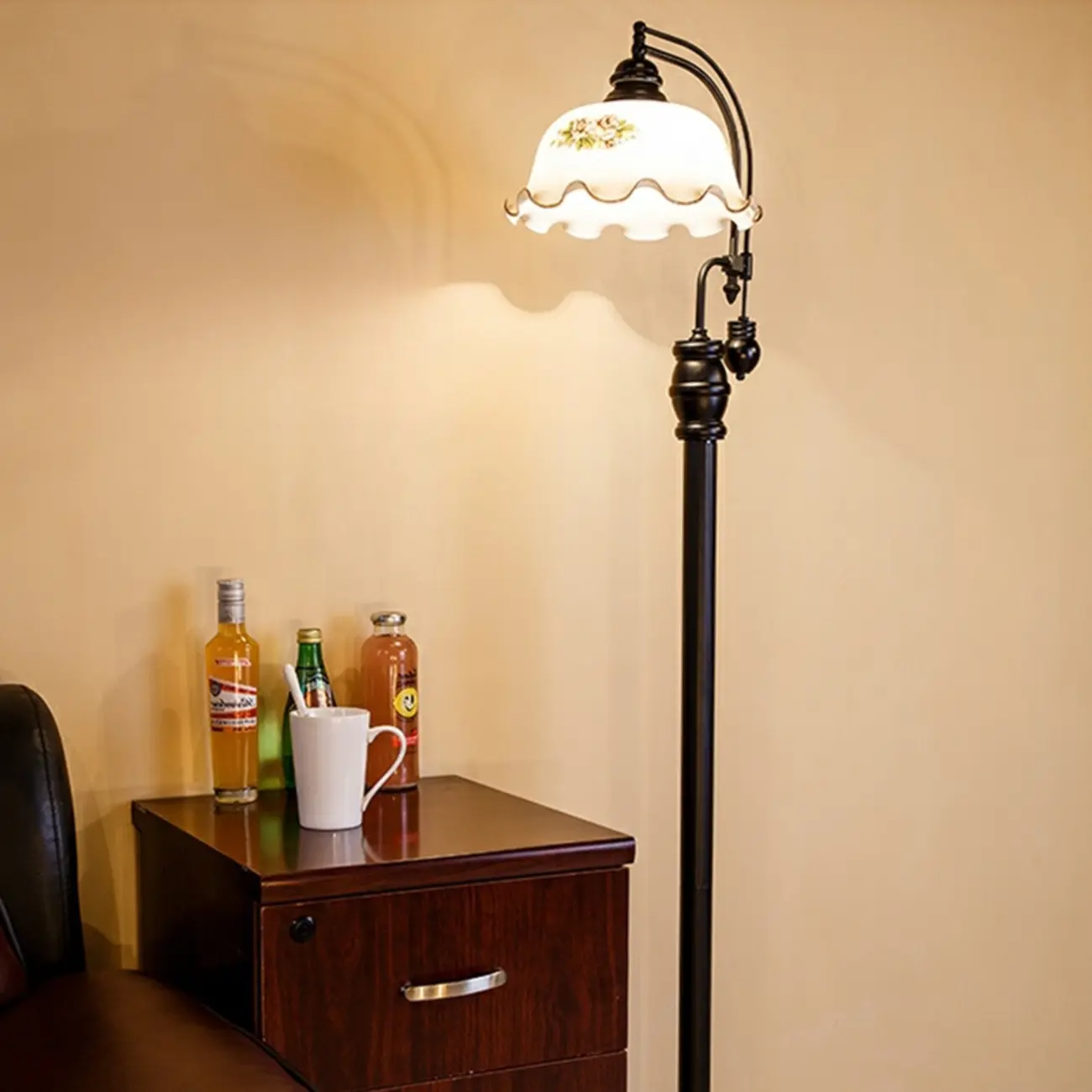 Vintage Rustic Black Metal Standing Floor Lamp with Glass Floral Shade | homeyfad