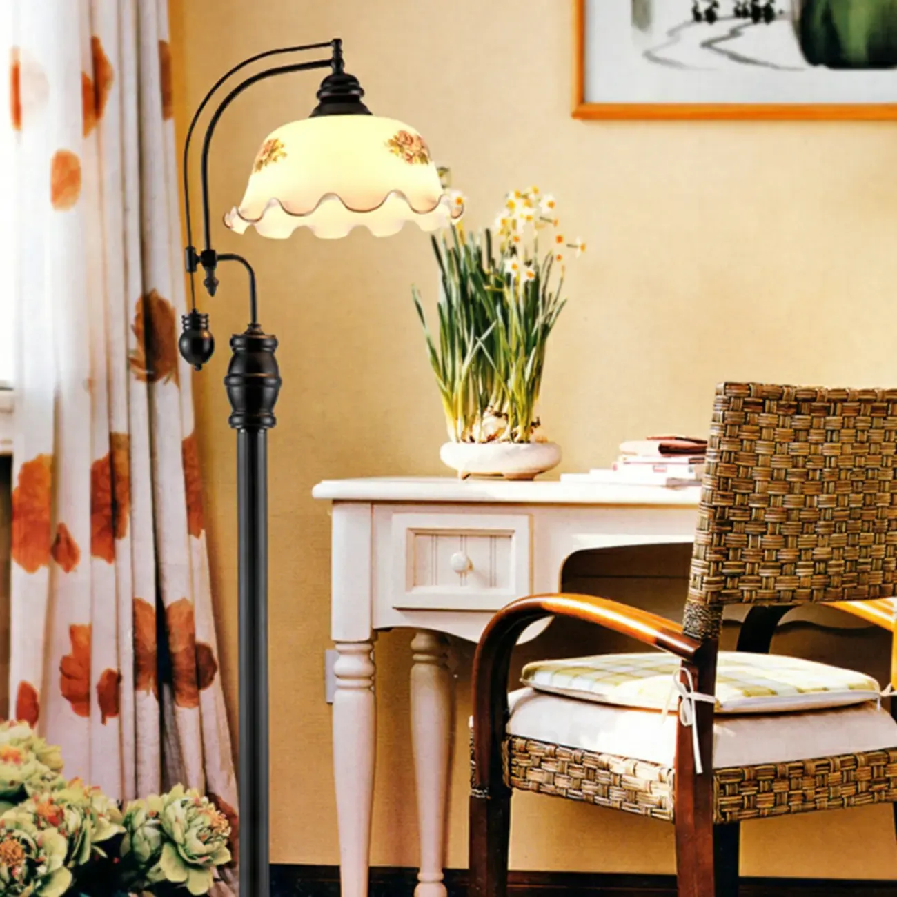 Vintage Rustic Black Metal Standing Floor Lamp with Glass Floral Shade