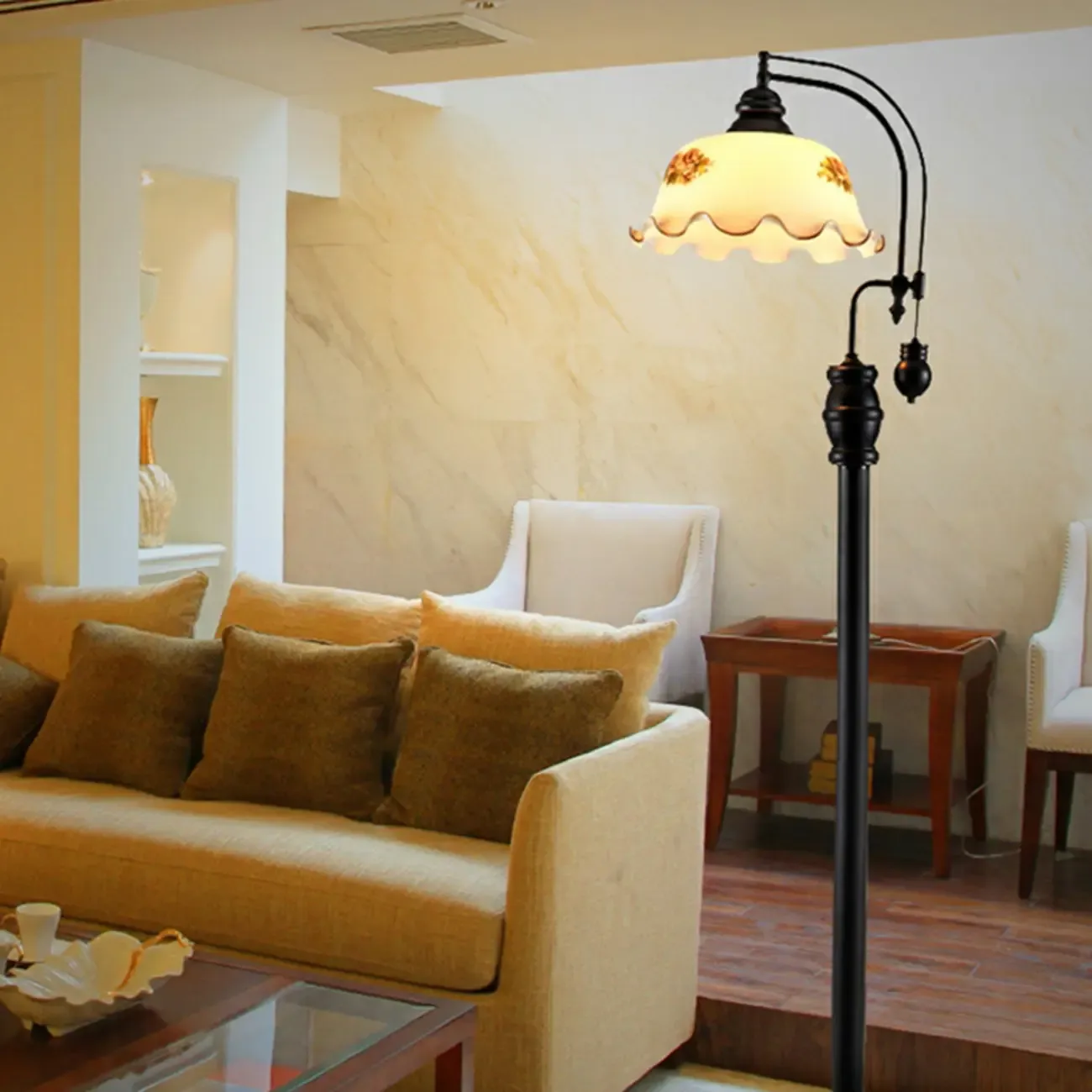 Vintage Rustic Black Metal Standing Floor Lamp with Glass Floral Shade