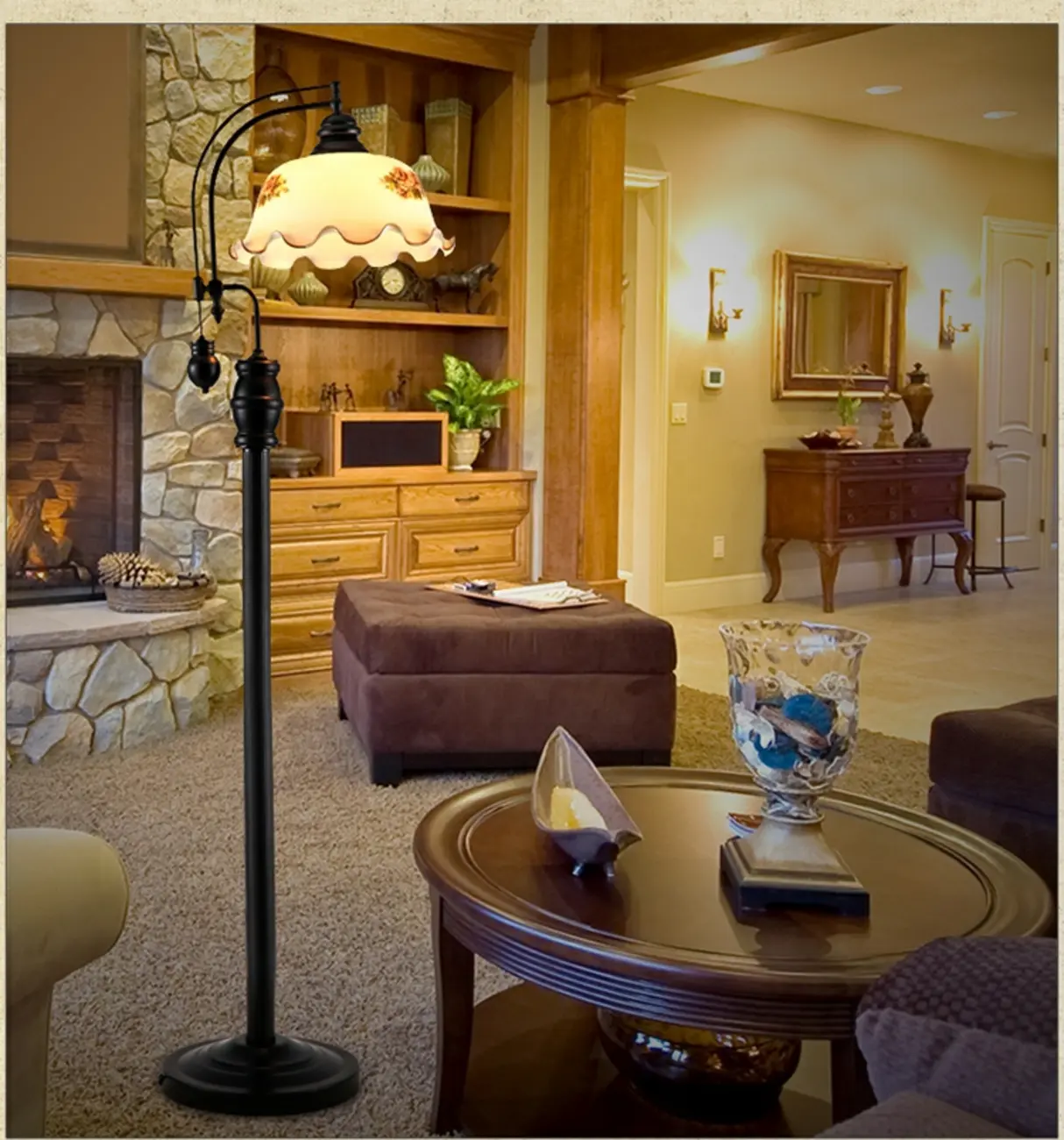 Vintage Rustic Black Metal Standing Floor Lamp with Glass Floral Shade | homeyfad