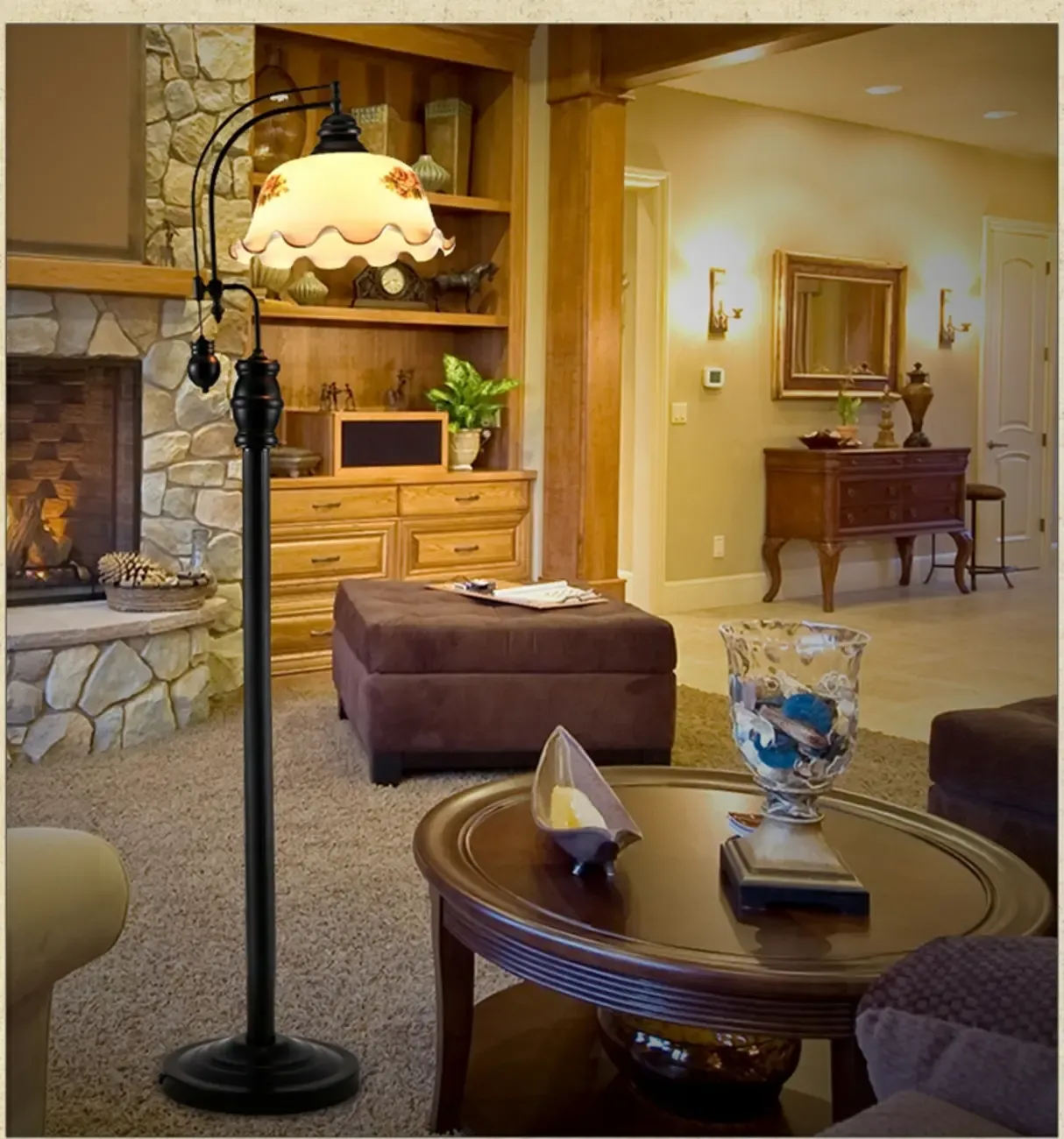 Vintage Rustic Black Metal Standing Floor Lamp with Glass Floral Shade