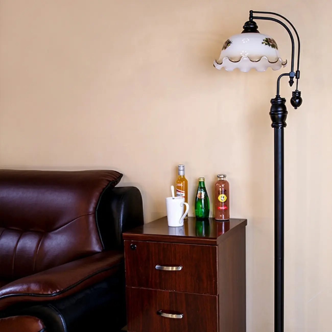 Vintage Rustic Black Metal Standing Floor Lamp with Glass Floral Shade | homeyfad