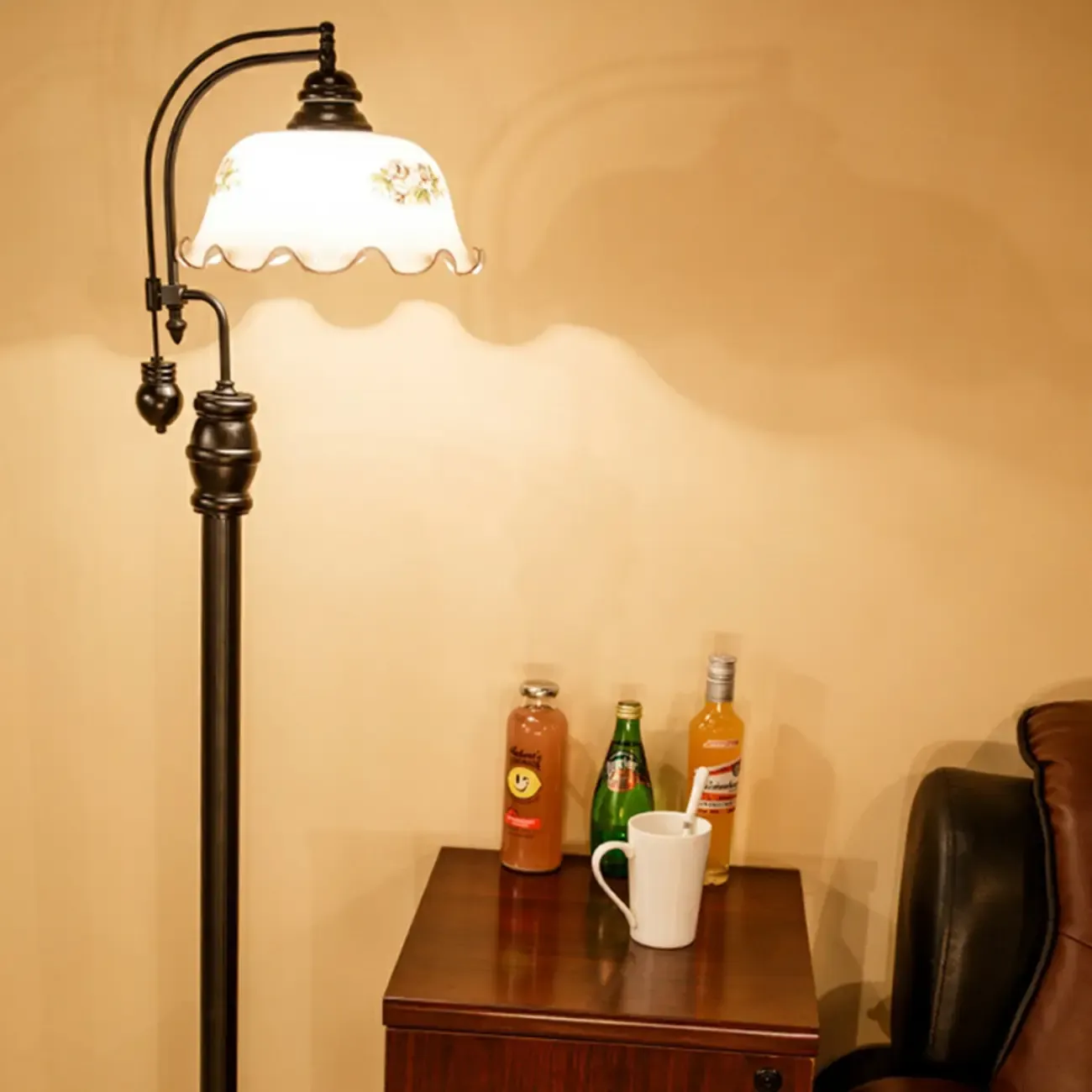 Vintage Rustic Black Metal Standing Floor Lamp with Glass Floral Shade