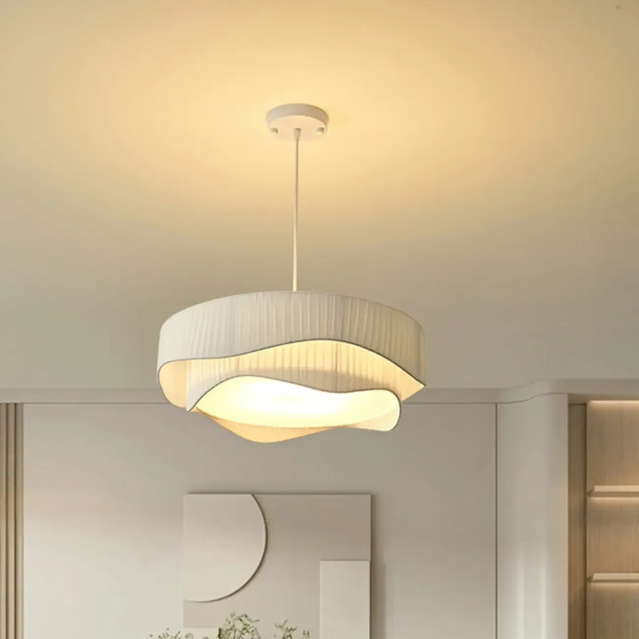 Modern White Tier Fabric Drum Chandelier with Adjustable Height Image - 3