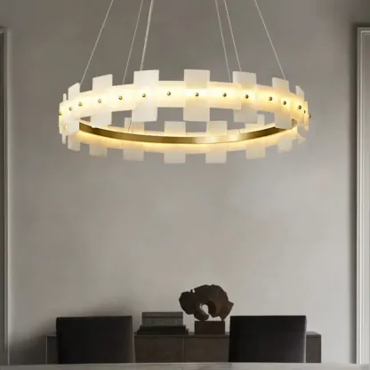 Luxury Circular Metal Geometric Modern Alabaster Chandelier Image - 1