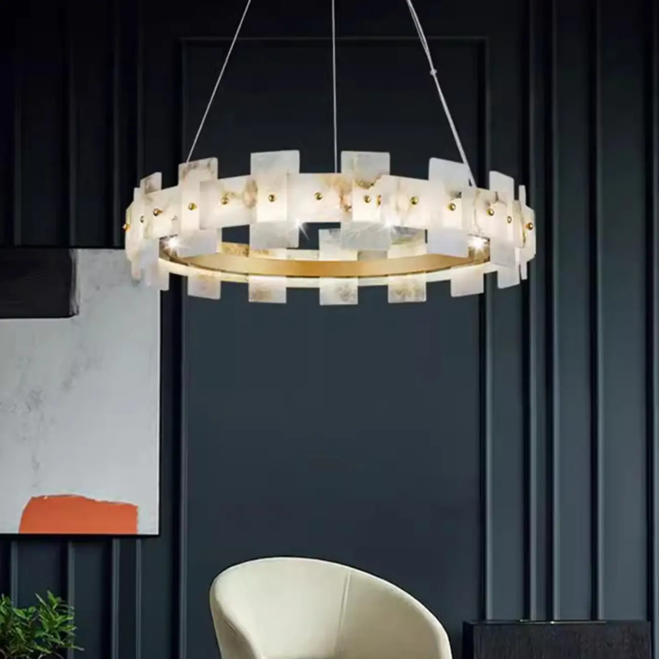 Luxury Circular Metal Geometric Modern Alabaster Chandelier Image - 3 | homeyfad