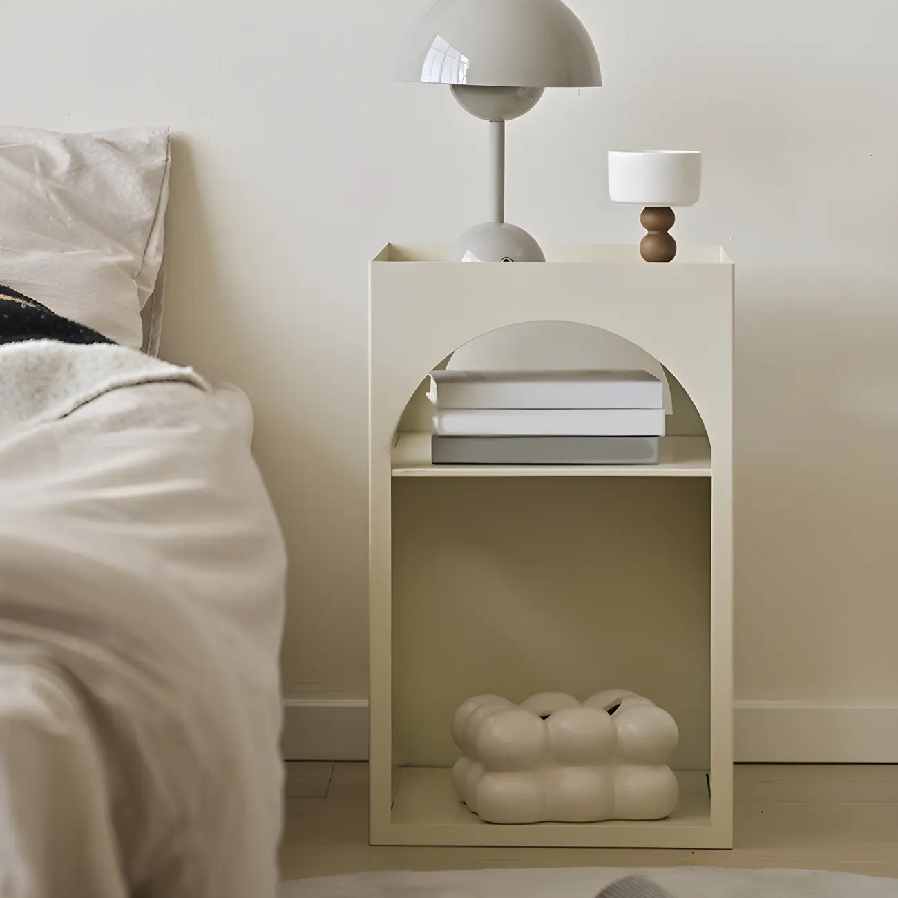 Narrow Cream Yellow Metal Arched Open Storage Nightstand Image - 1 | homeyfad