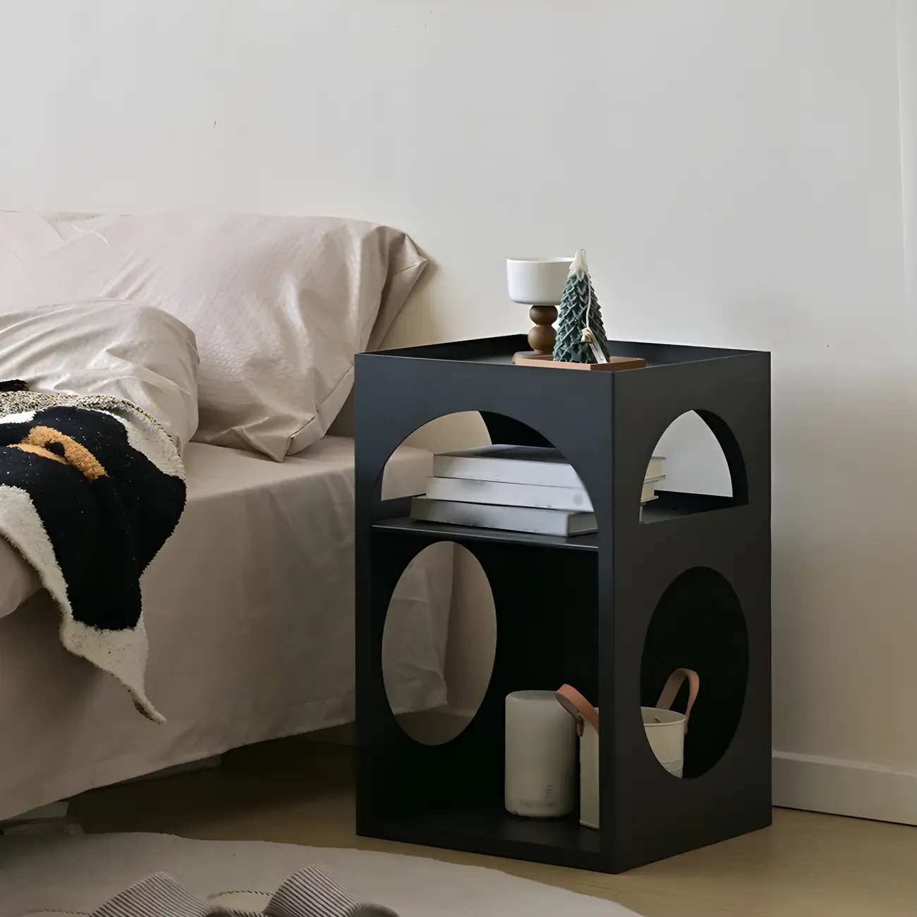 Narrow Cream Yellow Metal Arched Open Storage Nightstand Image - 2