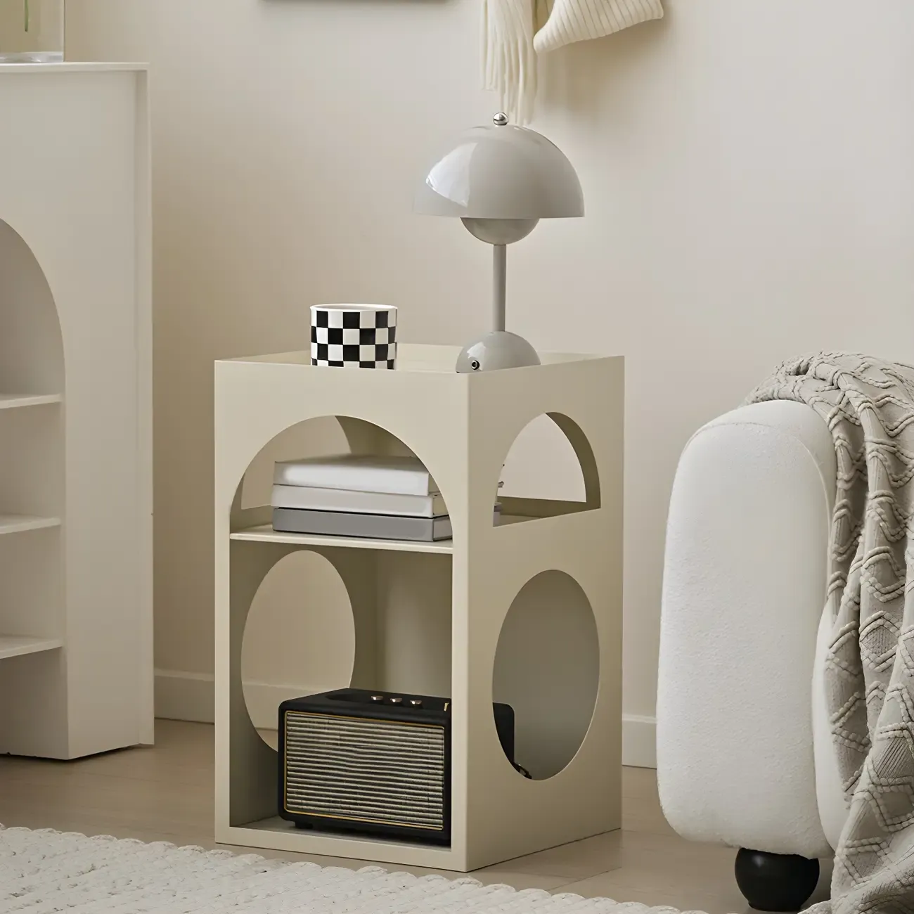 Narrow Cream Yellow Metal Arched Open Storage Nightstand Image - 3