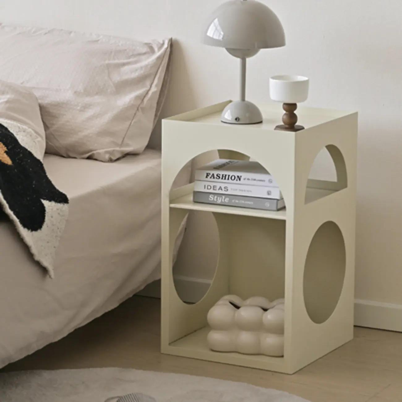 Narrow Cream Yellow Metal Arched Open Storage Nightstand Image - 4 | homeyfad