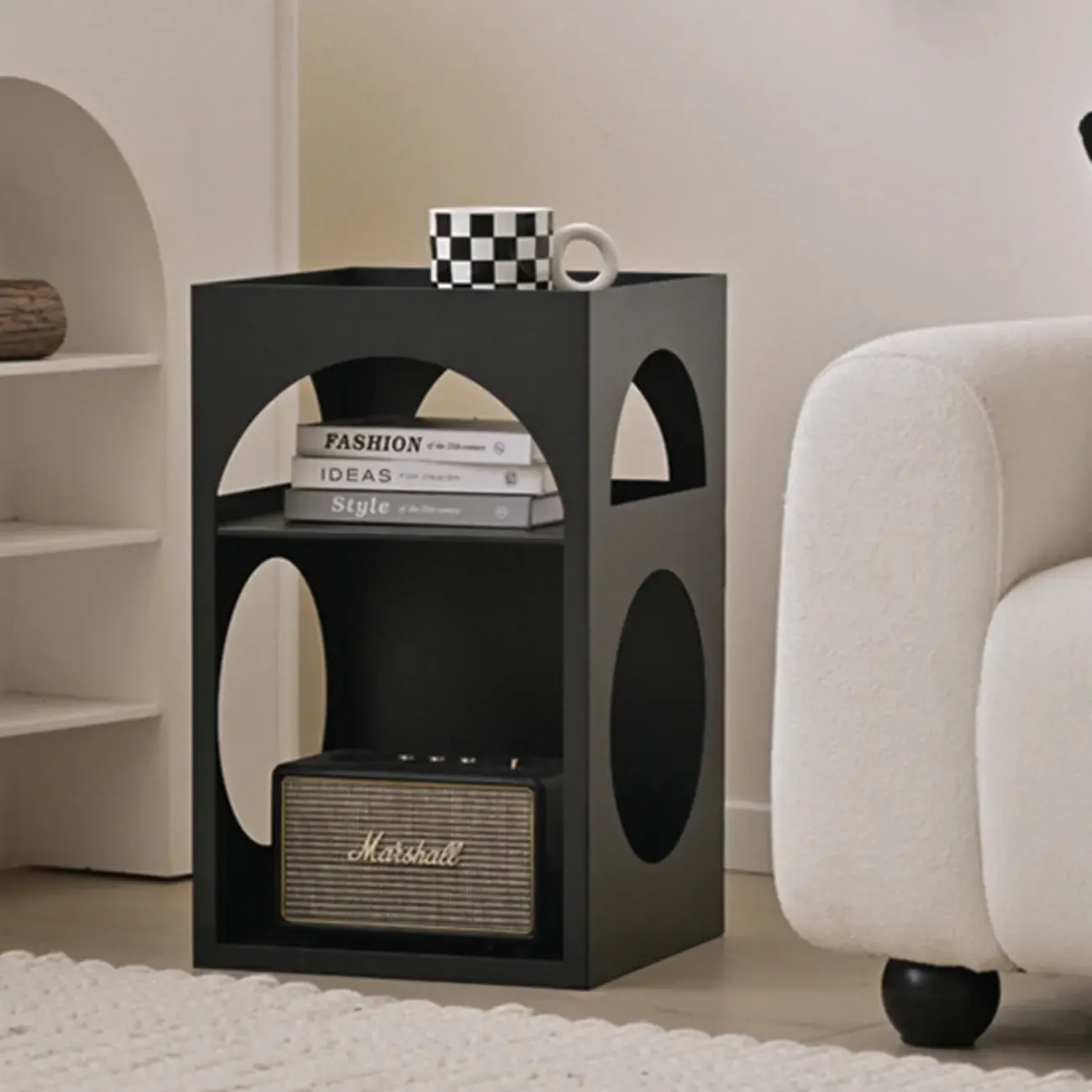 Narrow Cream Yellow Metal Arched Open Storage Nightstand Image - 14