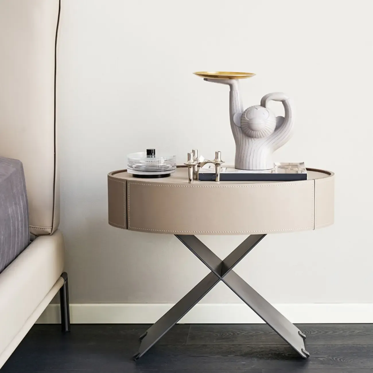 Contemporary Beige Leather Oval X-Base Drawer Nightstand Image - 1