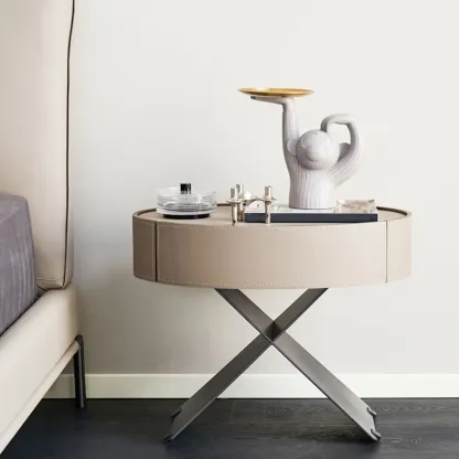 Contemporary Beige Leather Oval X-Base Drawer Nightstand Image - 1