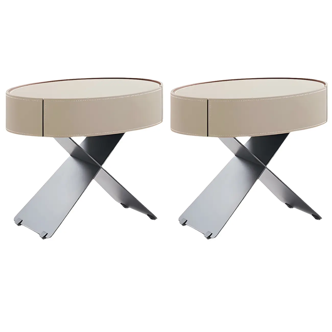 Contemporary Beige Leather Oval X-Base Drawer Nightstand Image - 3 | homeyfad