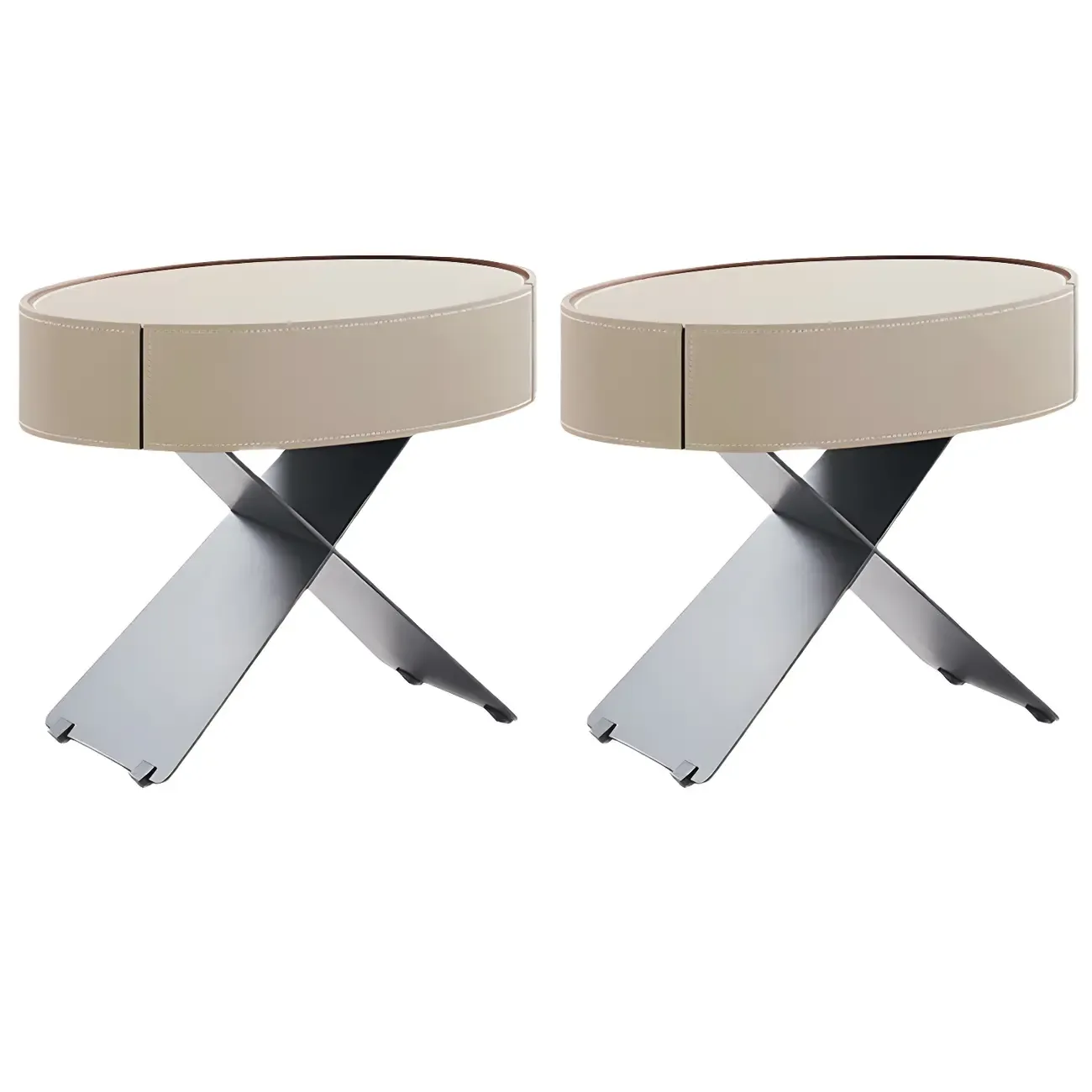 Contemporary Beige Leather Oval X-Base Drawer Nightstand Image - 3