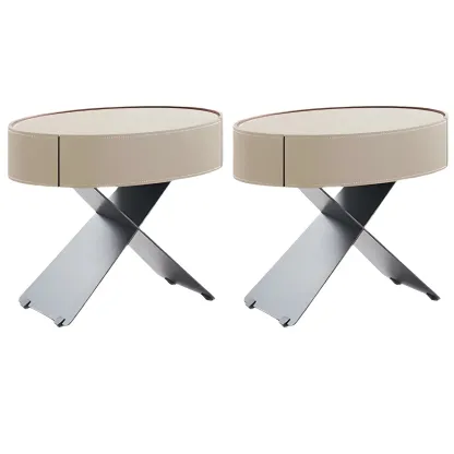Contemporary Beige Leather Oval X-Base Drawer Nightstand Image - 3