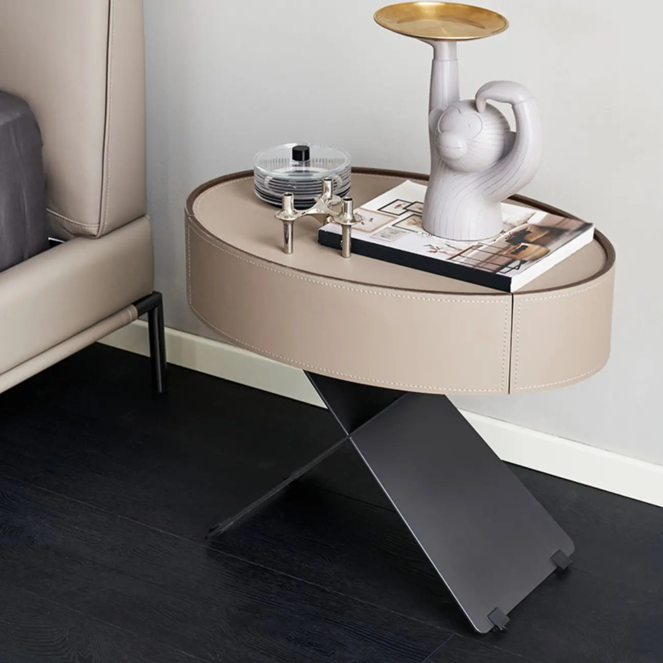 Contemporary Beige Leather Oval X-Base Drawer Nightstand Image - 2 | homeyfad