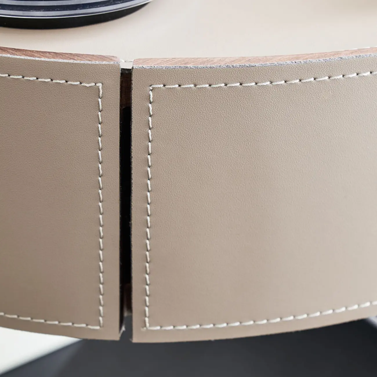 Contemporary Beige Leather Oval X-Base Drawer Nightstand Image - 4 | homeyfad