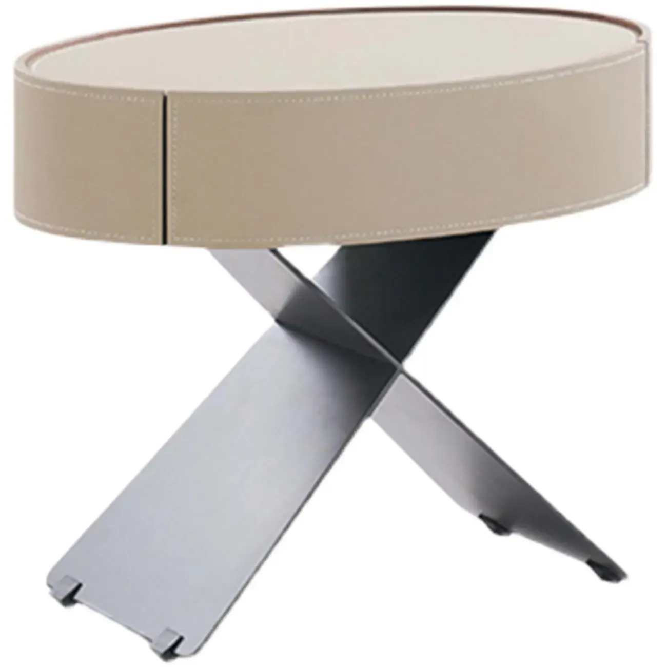Contemporary Beige Leather Oval X-Base Drawer Nightstand Image - 6