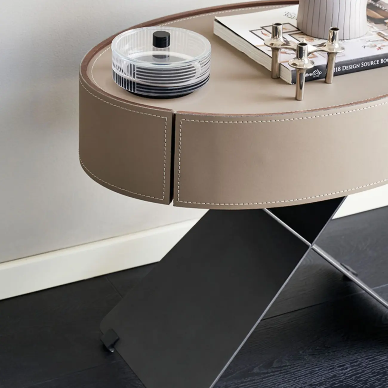 Contemporary Beige Leather Oval X-Base Drawer Nightstand Image - 7 | homeyfad