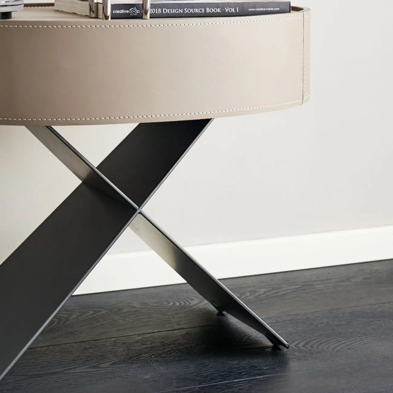 Contemporary Beige Leather Oval X-Base Drawer Nightstand Image - 8 | homeyfad