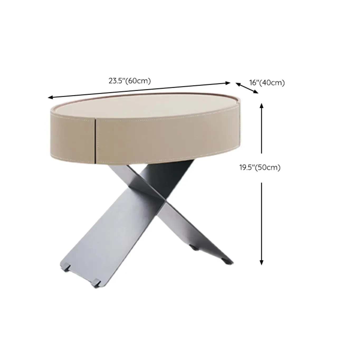 Contemporary Beige Leather Oval X-Base Drawer Nightstand Image - 10