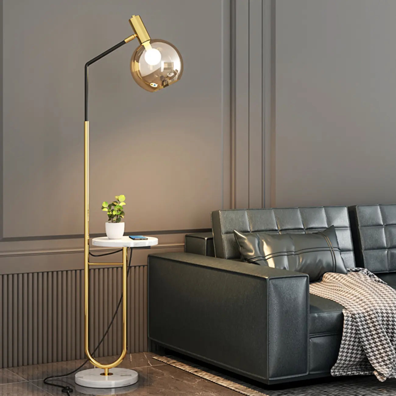 Modern Metal Globe Glass Arc Floor Lamp with Table | homeyfad