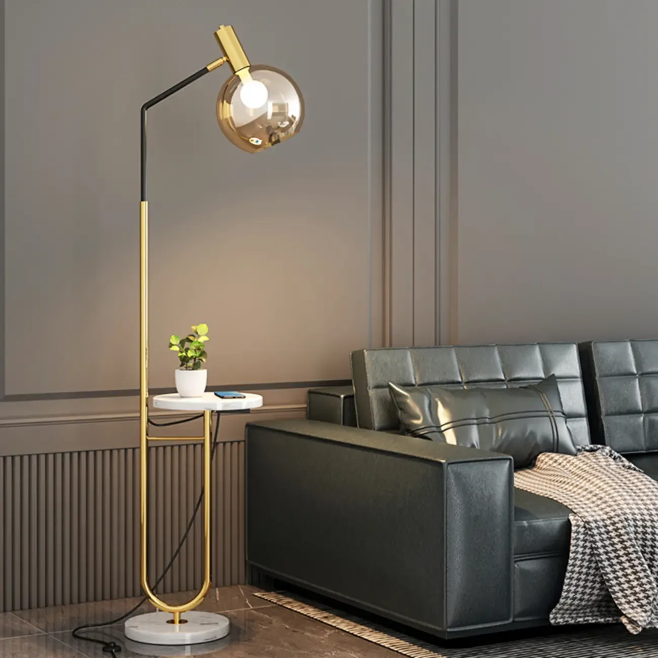 Modern Metal Globe Glass Arc Floor Lamp with Table