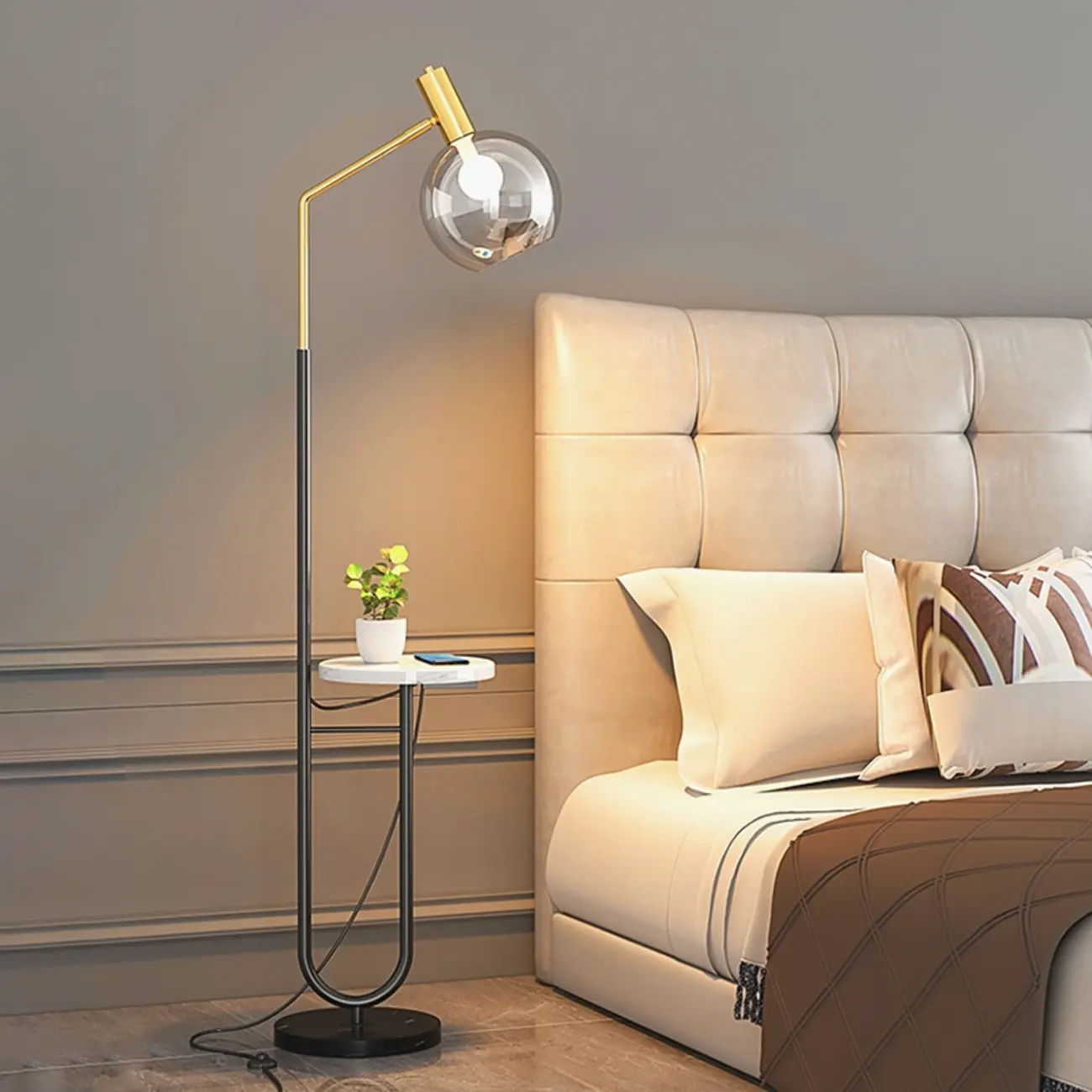 Modern Metal Globe Glass Arc Floor Lamp with Table | homeyfad