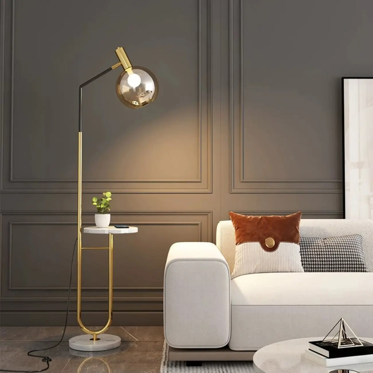 Modern Metal Globe Glass Arc Floor Lamp with Table | homeyfad