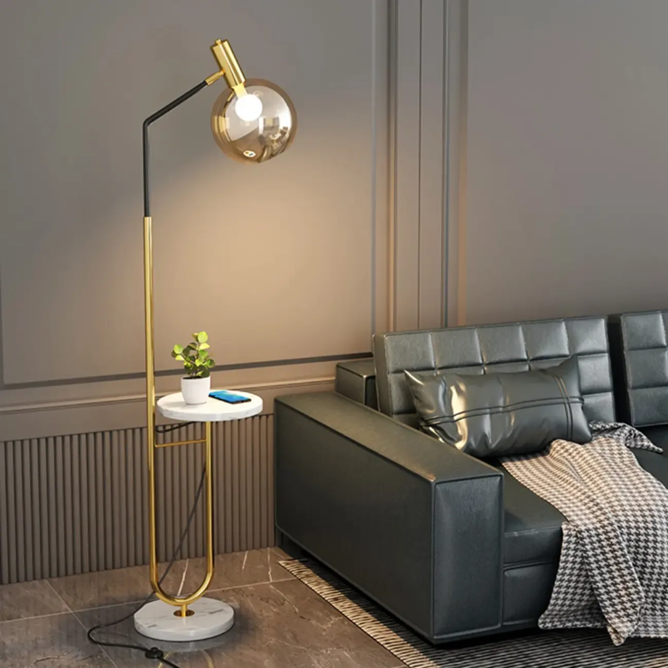 Modern Metal Globe Glass Arc Floor Lamp with Table