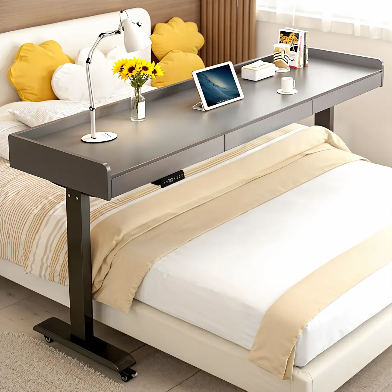 Adjustable Modern Wooden Overbed Table T-Shape Image - 7