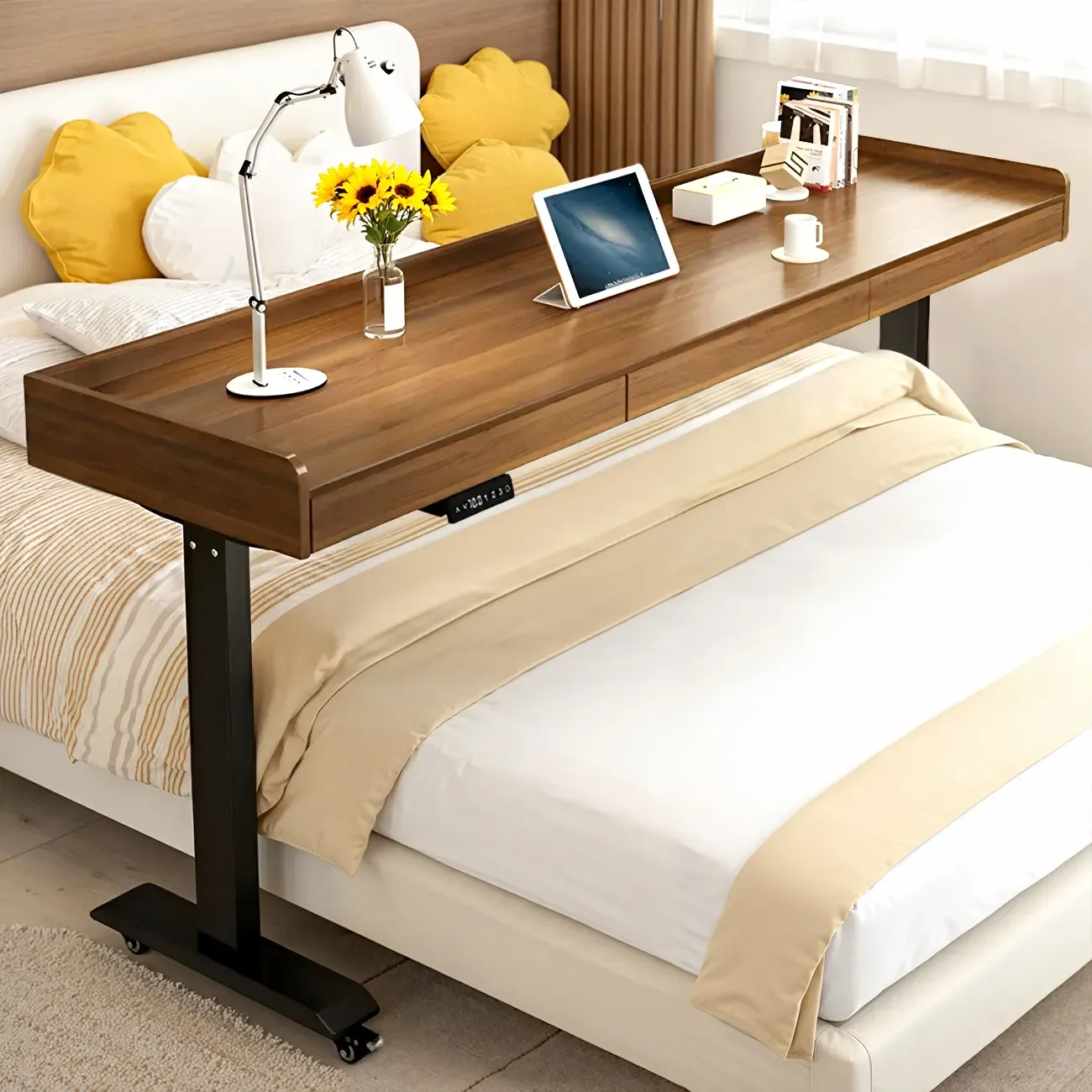 Adjustable Modern Wooden Overbed Table T-Shape Image - 9